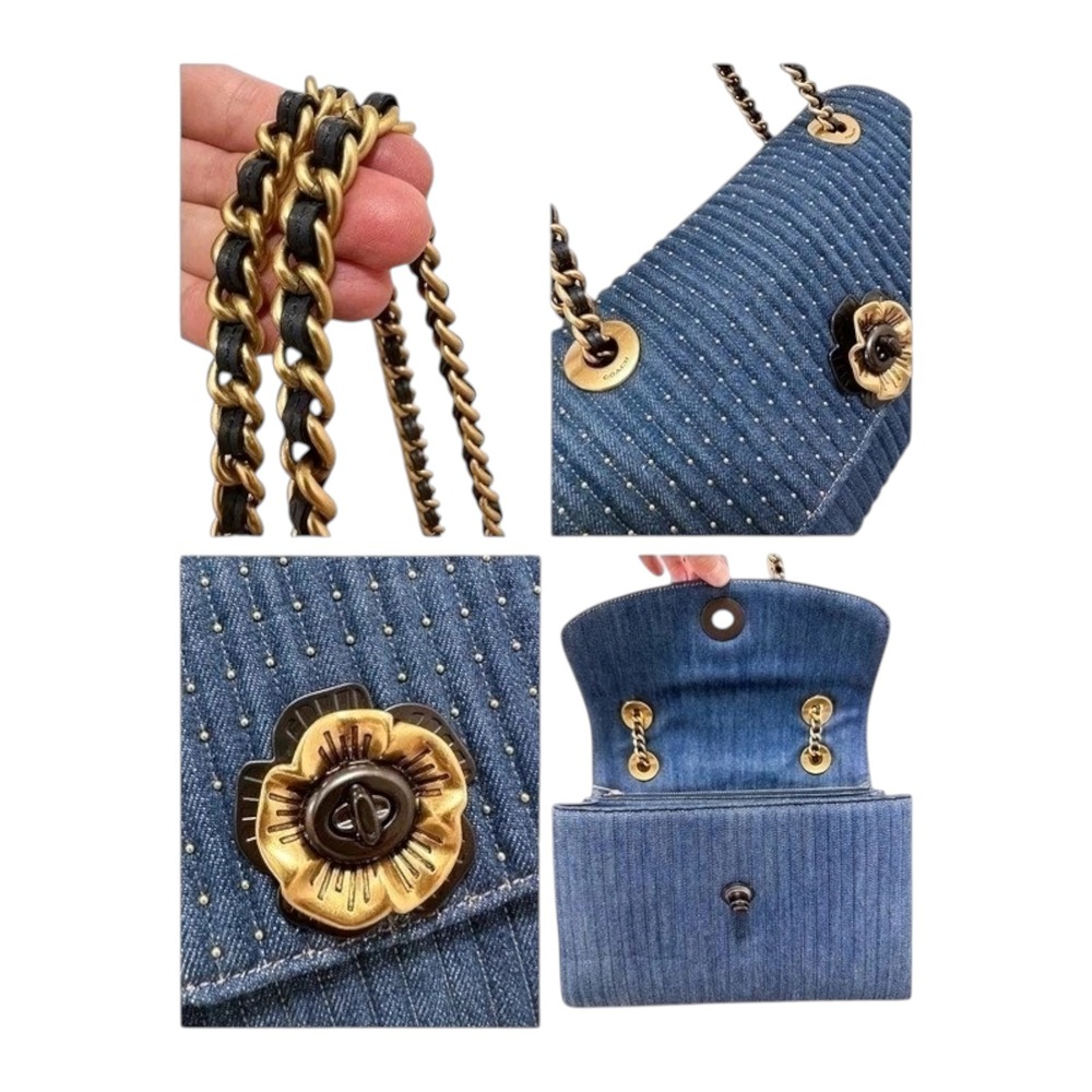 Coach Parker Shoulder Bag Quilted Denim Blue Rivets Tea Rose 68222 - Picture 6 of 8